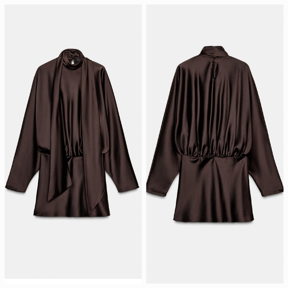 Zara Satin Effect Scarf Dress Brown NWT - Picture 12 of 15